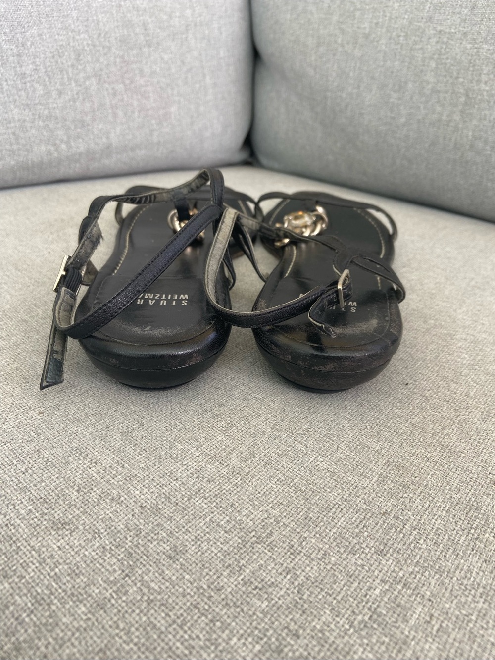 Stuart Weitzman Black Leather Chain-Accent Sandals - Picture 5 of 7